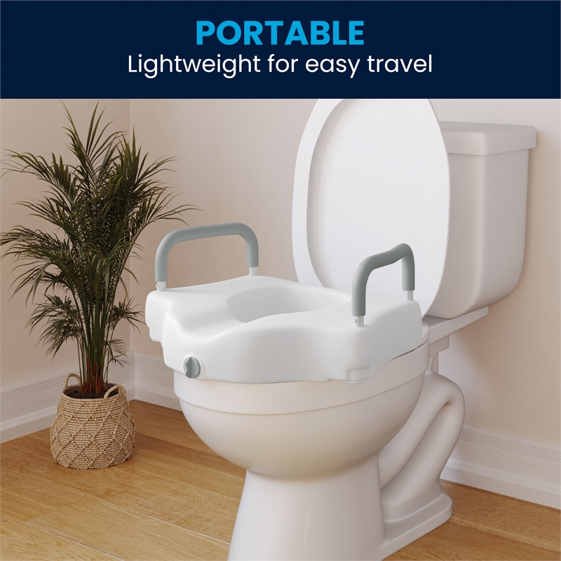 Locking Elevated Toilet Seat Riser with Adjustable Height Arms in White