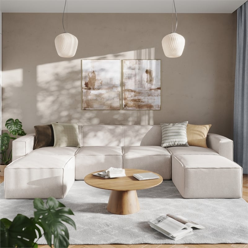 Contemporary 6 Piece Modular Sectional Sofa with 2 Ottomans in Cream Fabric