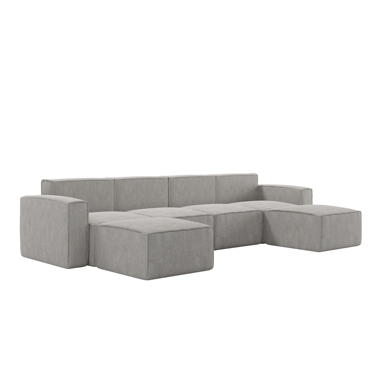 Contemporary 6 Piece Modular Sectional Sofa with 2 Ottomans in Gray Fabric