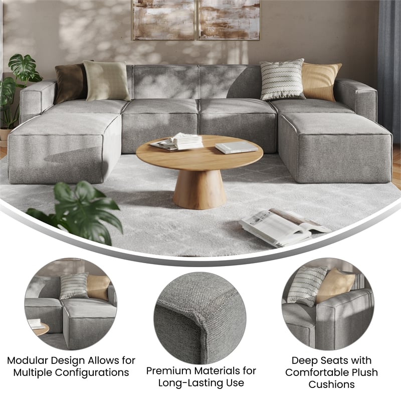 Contemporary 6 Piece Modular Sectional Sofa with 2 Ottomans in Gray Fabric
