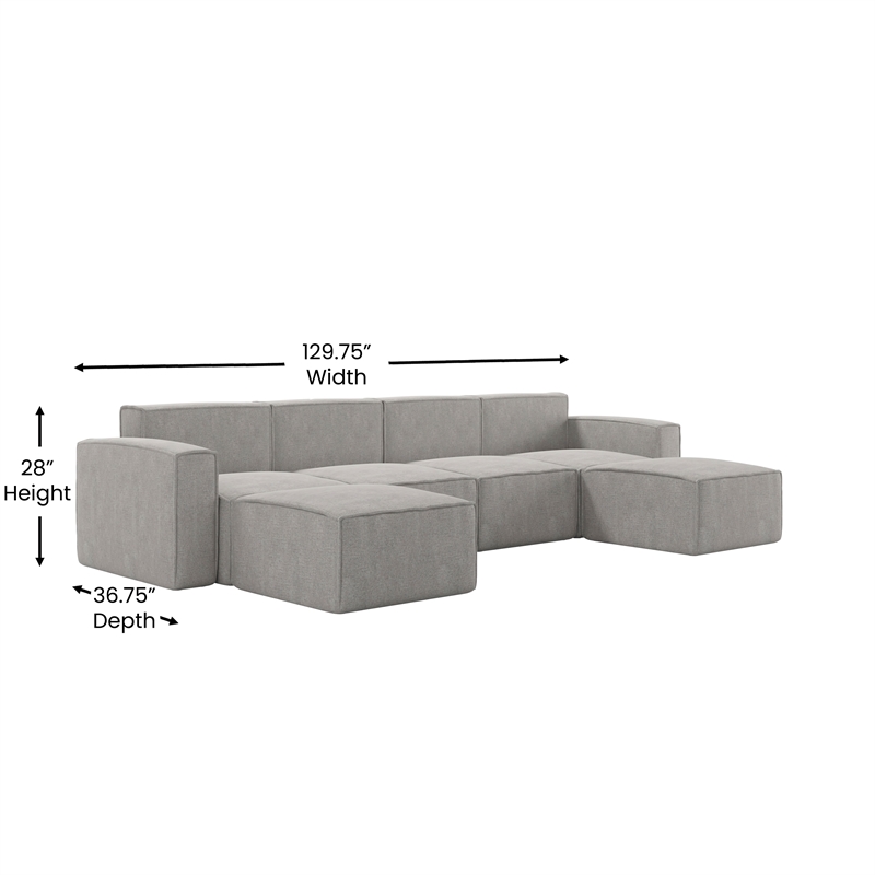 Contemporary 6 Piece Modular Sectional Sofa with 2 Ottomans in Gray Fabric