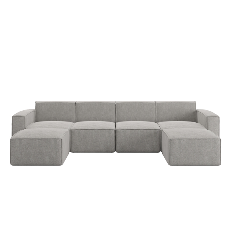 Contemporary 6 Piece Modular Sectional Sofa with 2 Ottomans in Gray Fabric