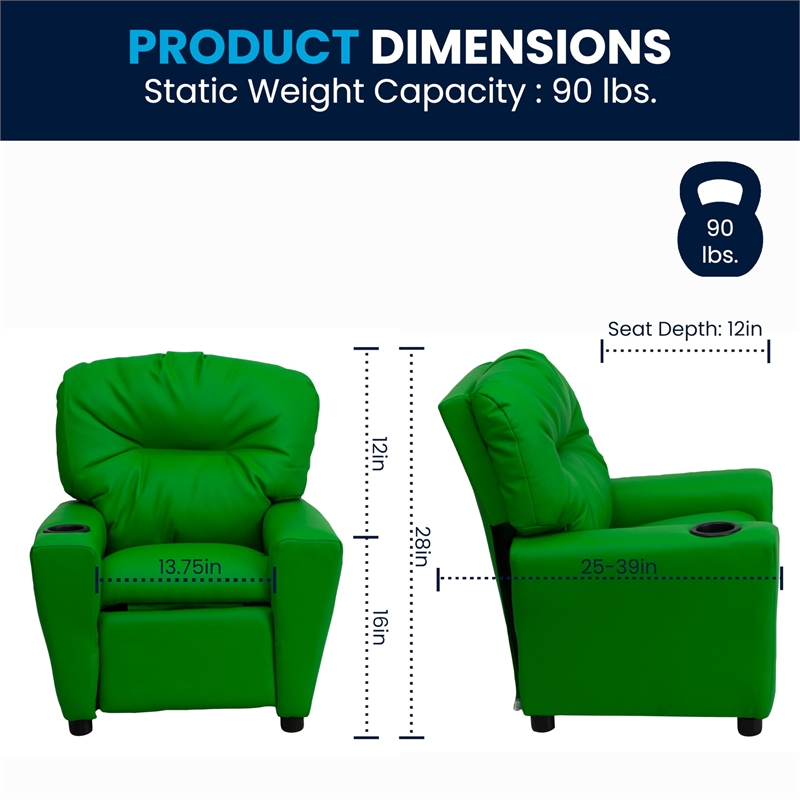 Flash Furniture Vinyl Upholstered Kids Recliner with Cup Holder in Green