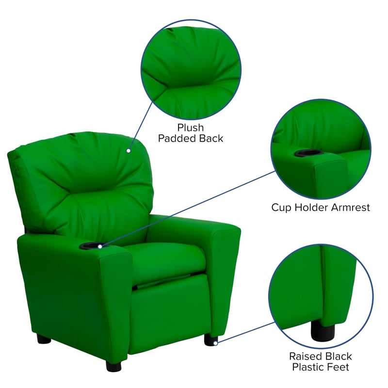Flash Furniture Vinyl Upholstered Kids Recliner with Cup Holder in Green