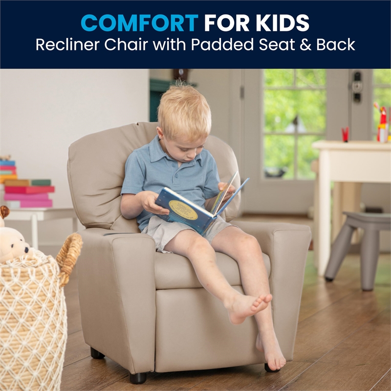 Flash Furniture Vinyl Upholstered Kids Recliner with Cup Holder in Beige