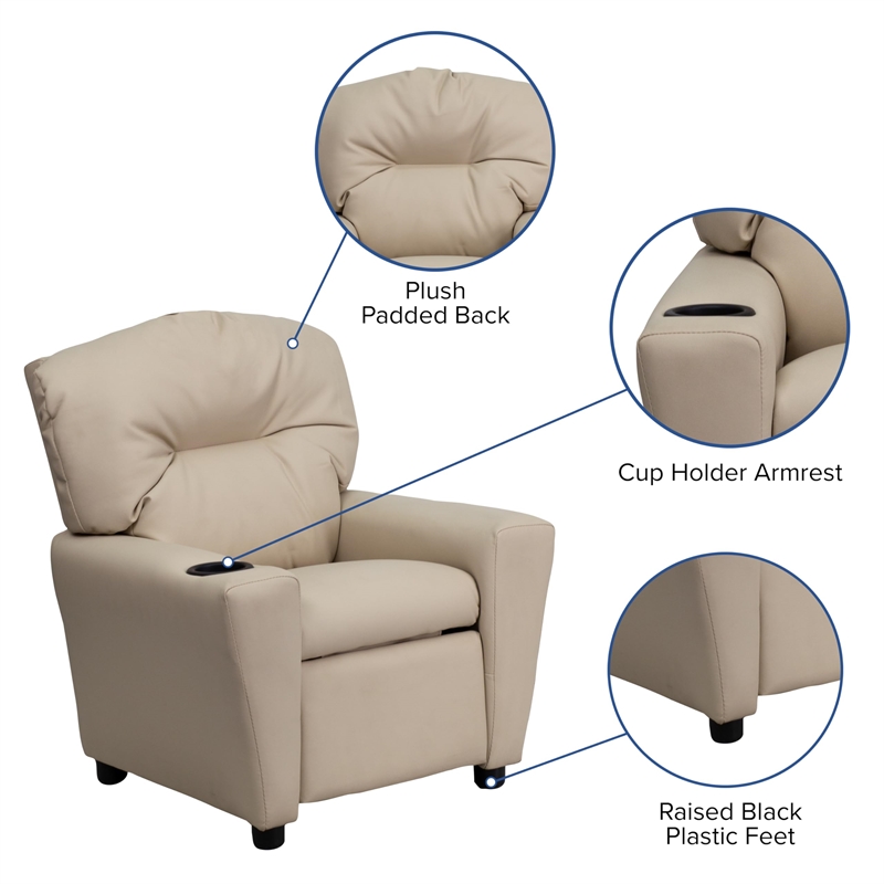 Flash Furniture Vinyl Upholstered Kids Recliner with Cup Holder in Beige