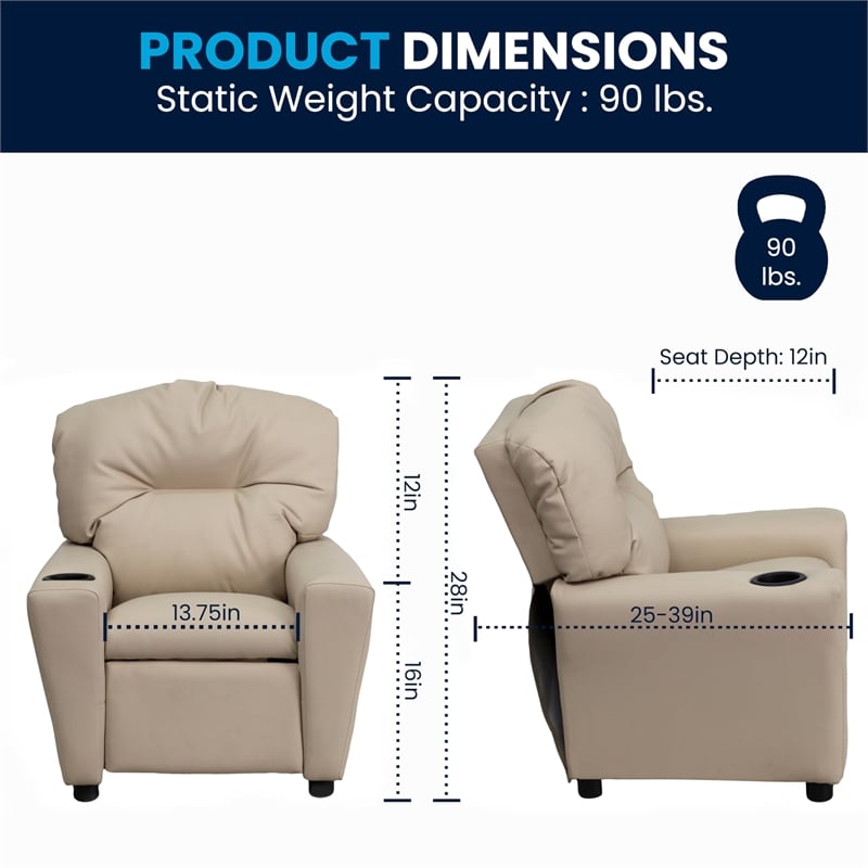 Flash Furniture Vinyl Upholstered Kids Recliner with Cup Holder in Beige