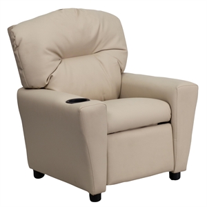 Flash Furniture Vinyl Upholstered Kids Recliner with Cup Holder in Beige