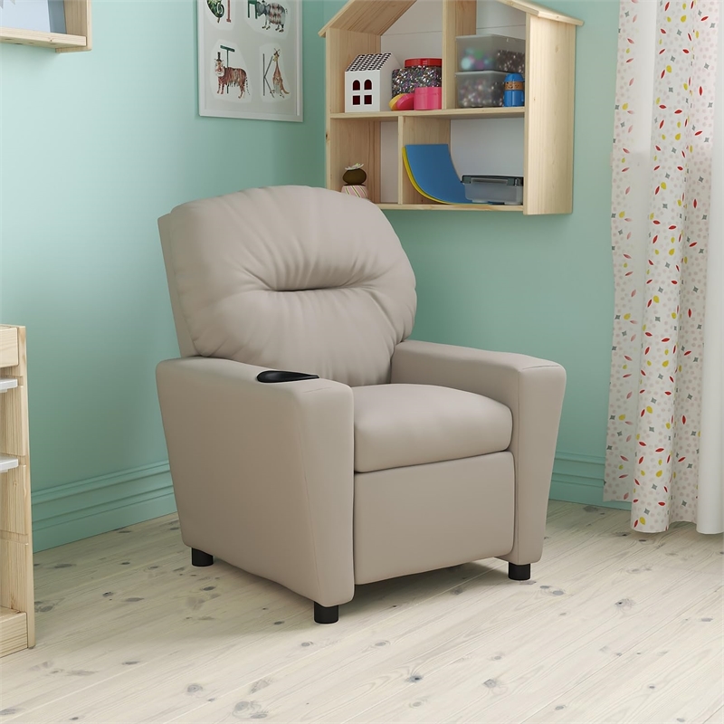 Flash Furniture Vinyl Upholstered Kids Recliner with Cup Holder in Beige