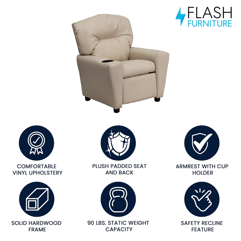 Flash Furniture Vinyl Upholstered Kids Recliner with Cup Holder in Beige