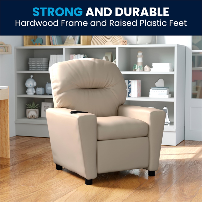 Flash Furniture Vinyl Upholstered Kids Recliner with Cup Holder in Beige