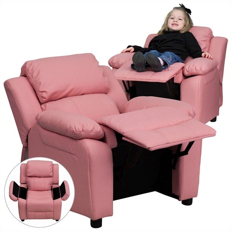 Flash Furniture Storage Arms Vinyl Upholstered Kids Recliner in Pink