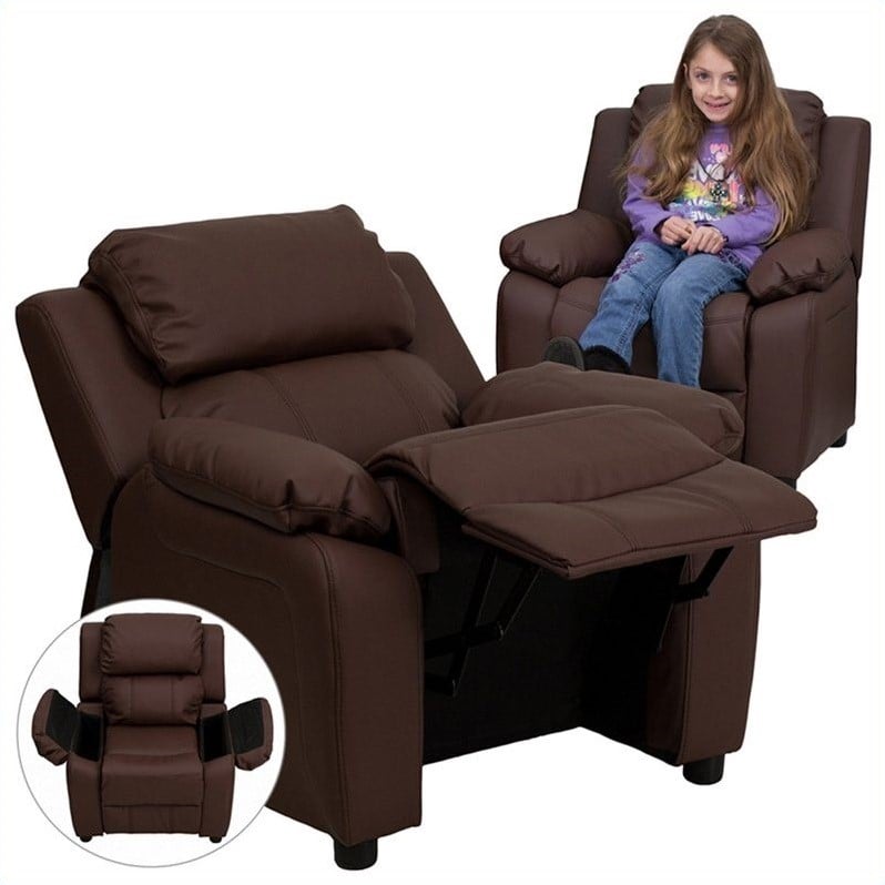 Flash Furniture Storage Arms Leathersoft Upholstered Kids Recliner in Brown
