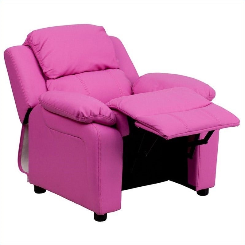 Flash Furniture Storage Arms Vinyl Upholstered Kids Recliner in Hot Pink