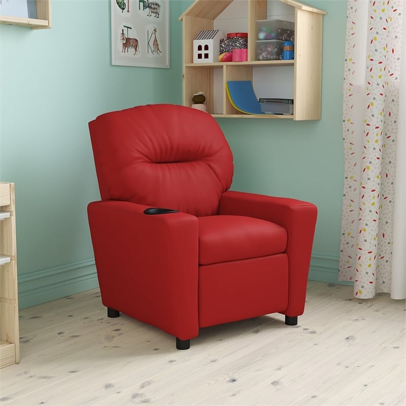 Flash Furniture Vinyl Upholstered Kids Recliner with Cup Holder in Red