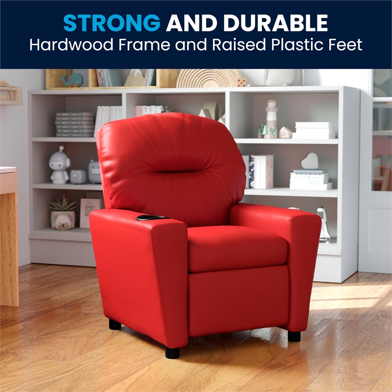 Flash Furniture Vinyl Upholstered Kids Recliner with Cup Holder in Red