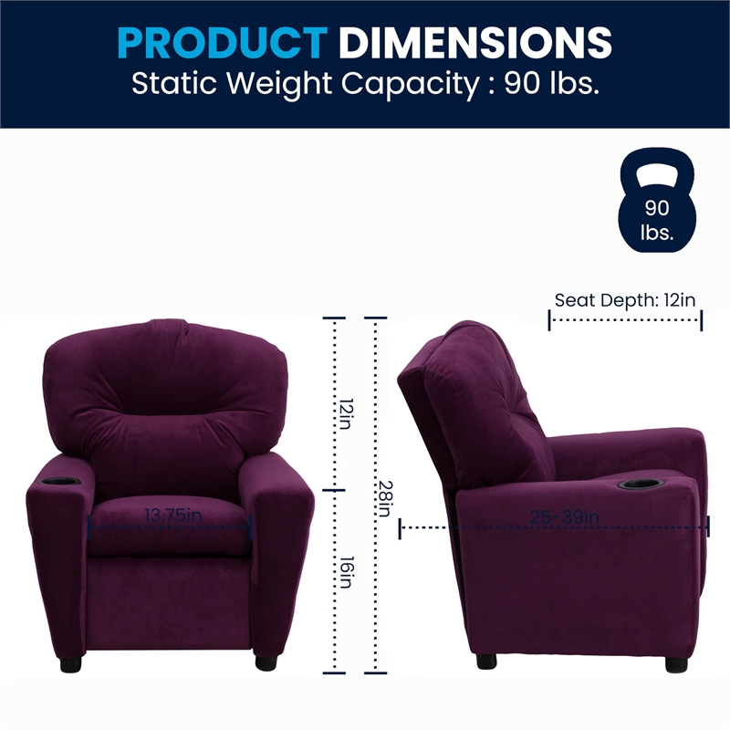 Flash Furniture Microfiber Upholstered Kids Recliner with Cup Holder in Purple