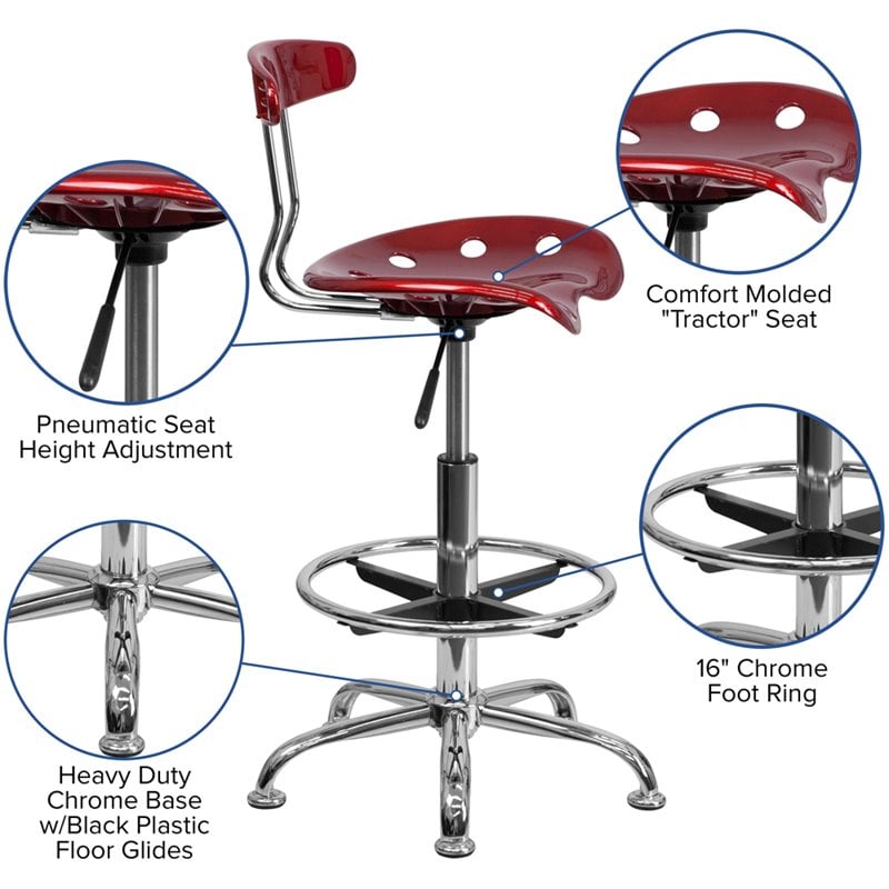 Flash Furniture Vibrant Drafting Chair Seat in Wine Red and Chrome