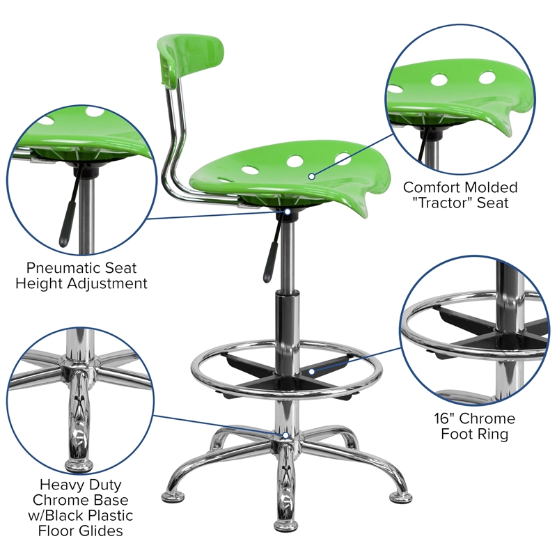 Flash Furniture Vibrant Drafting Chair Seat in Apple Green and Chrome
