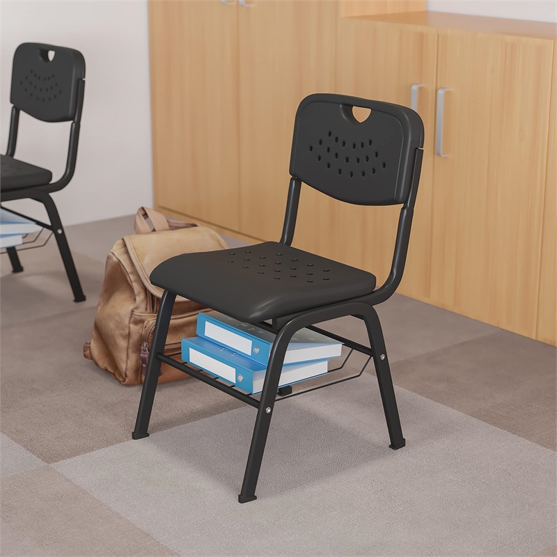 Flash Furniture Hercules Plastic Classroom Chair with Book Basket in Black