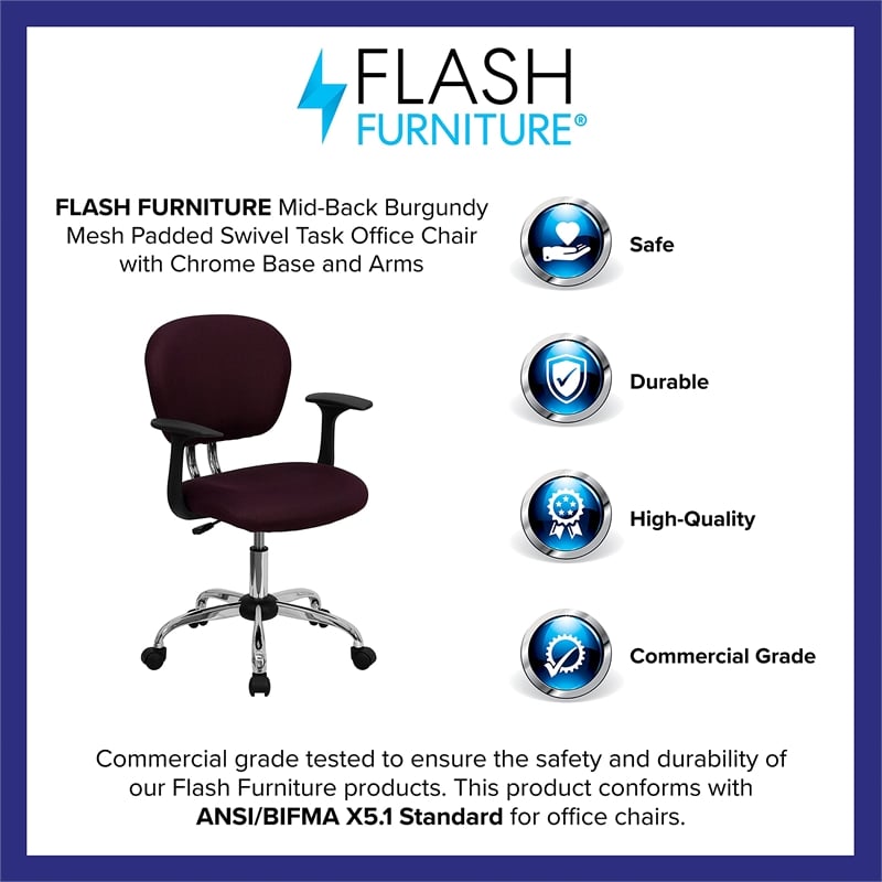 Flash Furniture Mid-Back Mesh Office Swivel Chair with Arms in Burgundy