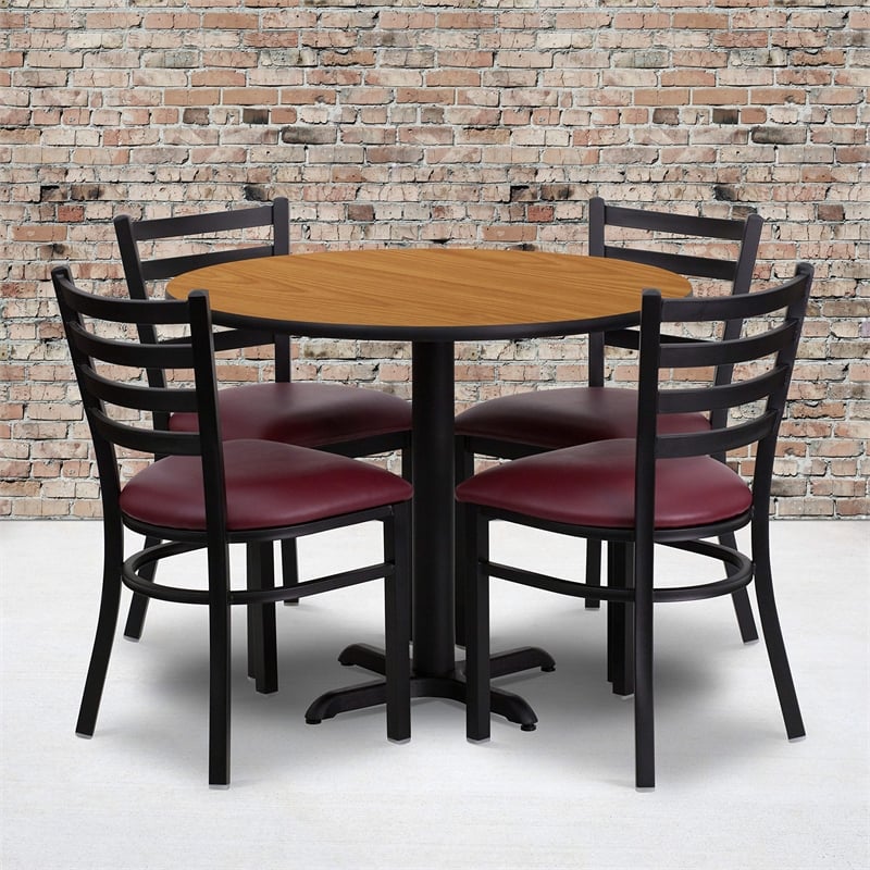 Flash Furniture 36Rd Laminate Table Set In Natural Top Burgundy Vinyl Seat