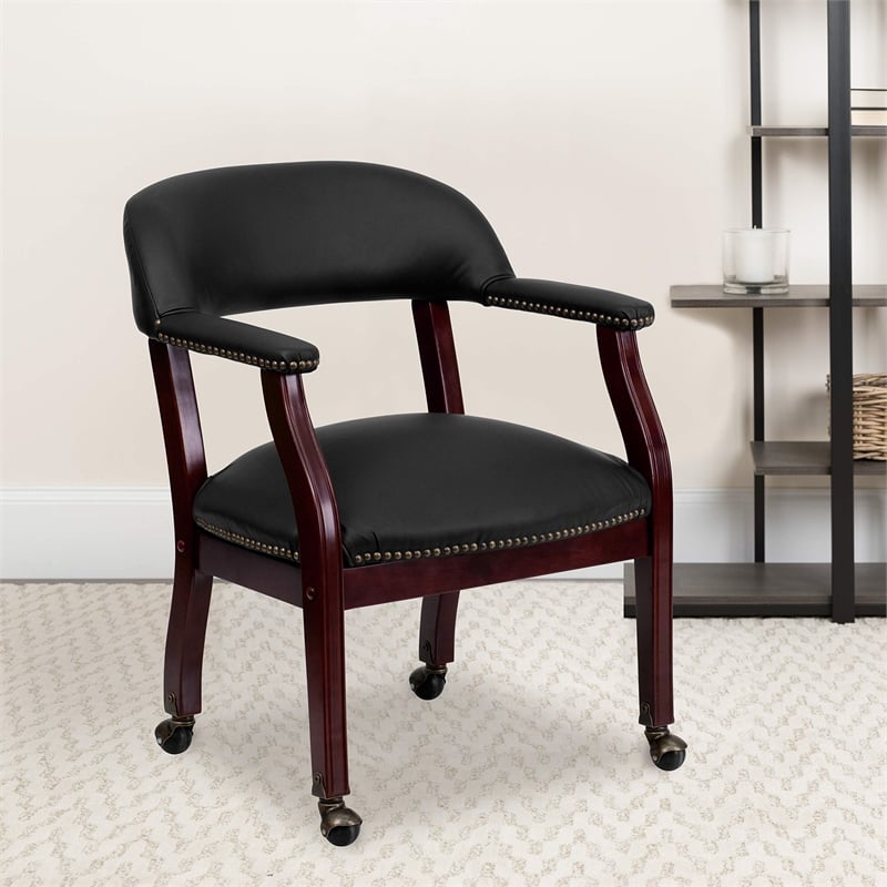 Flash Furniture Leather Guest Chair with Casters in Black