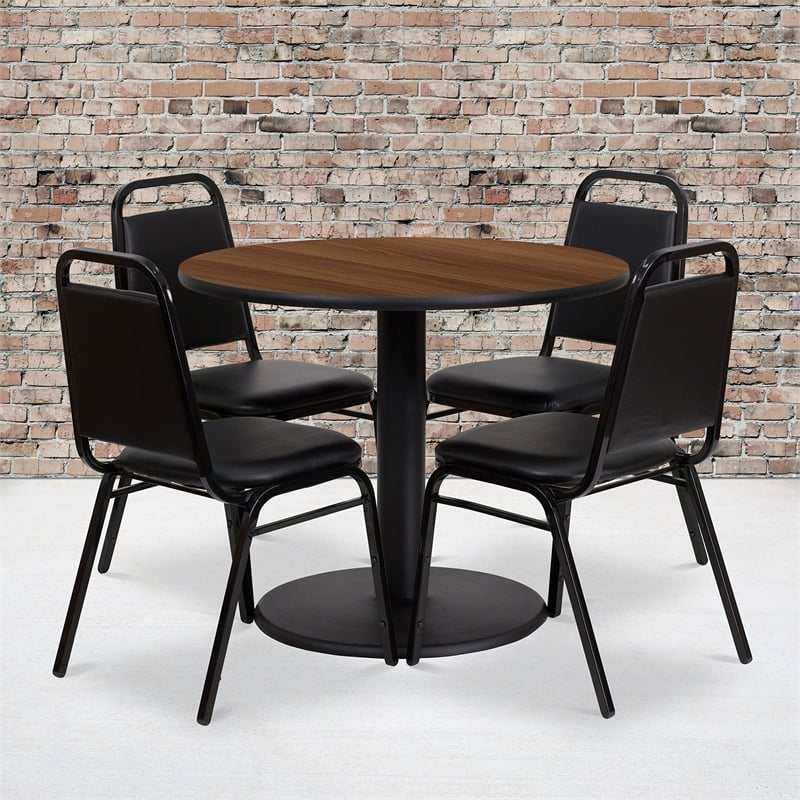 Flash Furniture 36Rd Laminate Table Set-Bnqt In Walnut Top Black Vinyl Seat