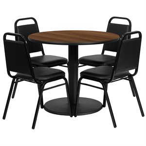 flash furniture 5 piece traditional walnut top lunchroom dining set with black faux leather chairs