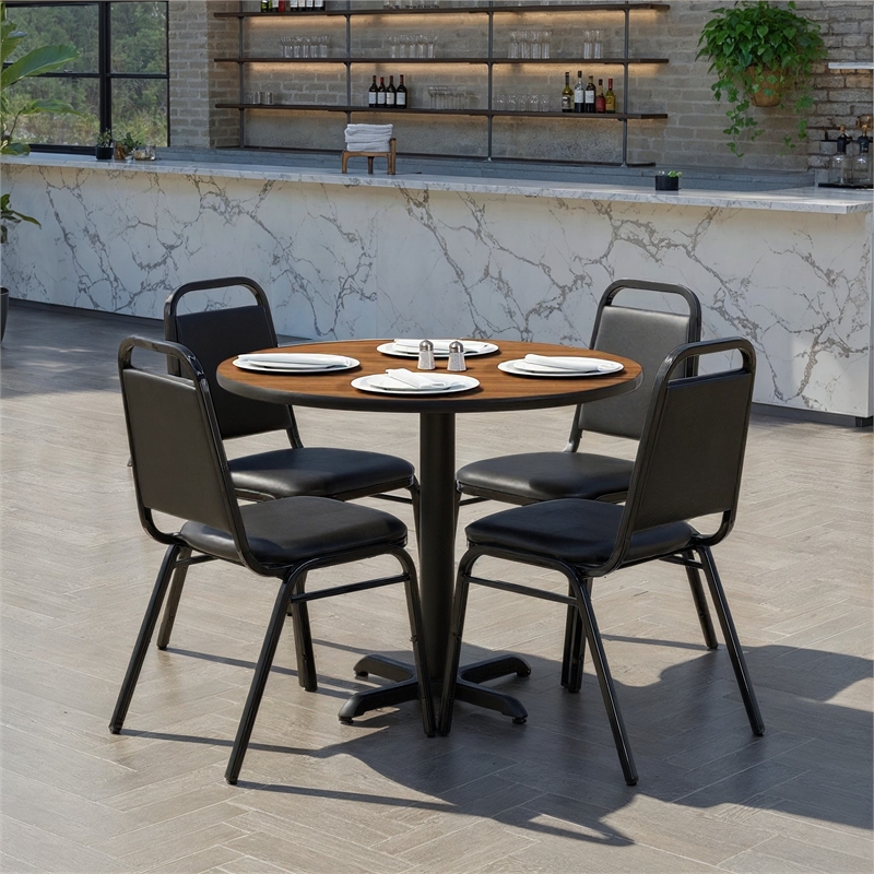 Flash Furniture 36Rd Laminate Table Set-Bnqt In Walnut Top Black Vinyl Seat