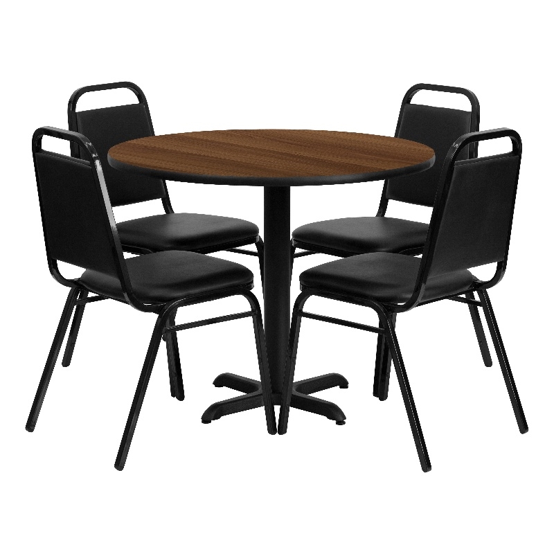 Flash Furniture 36Rd Laminate Table Set-Bnqt In Walnut Top Black Vinyl Seat