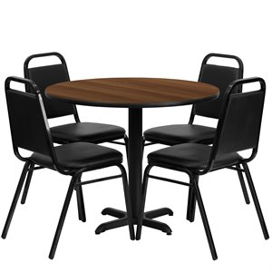 flash furniture 5 piece walnut laminate top lunchroom dining set with black faux leather chairs