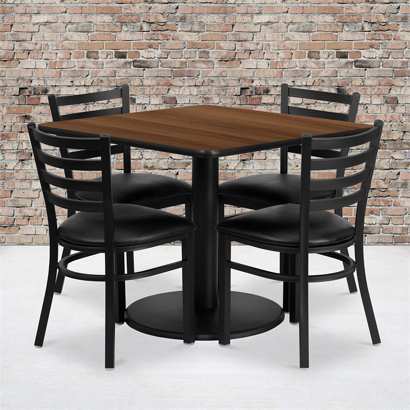 Flash Furniture 36Sq Laminate Table Set In Walnut Top Black Vinyl Seat