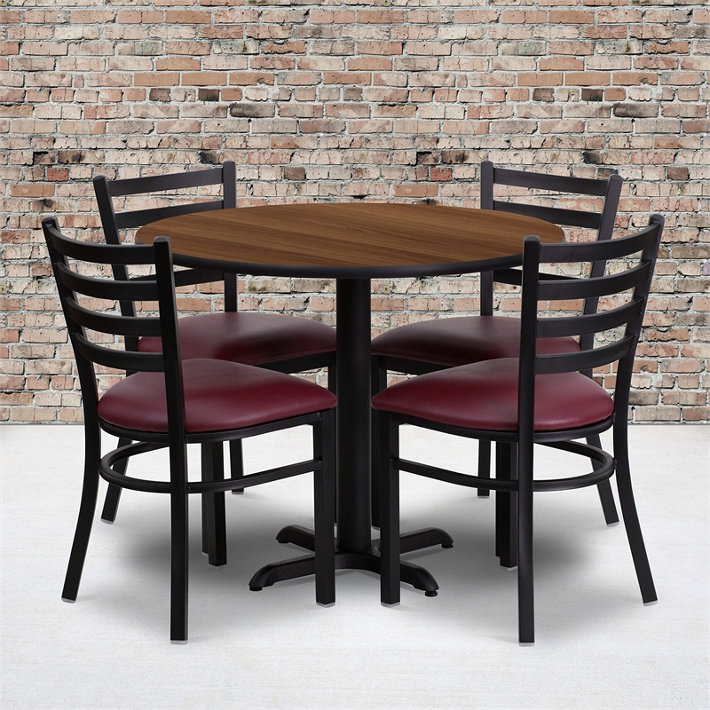 Flash Furniture 36Rd Laminate Table Set In Walnut Top Burgundy Vinyl Seat