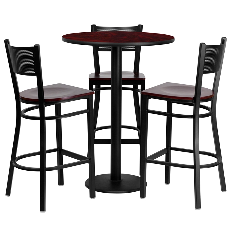 Flash Furniture  Clark 30'' Round Mahogany Laminate Table Set with 3 Grid Back Metal Barstools