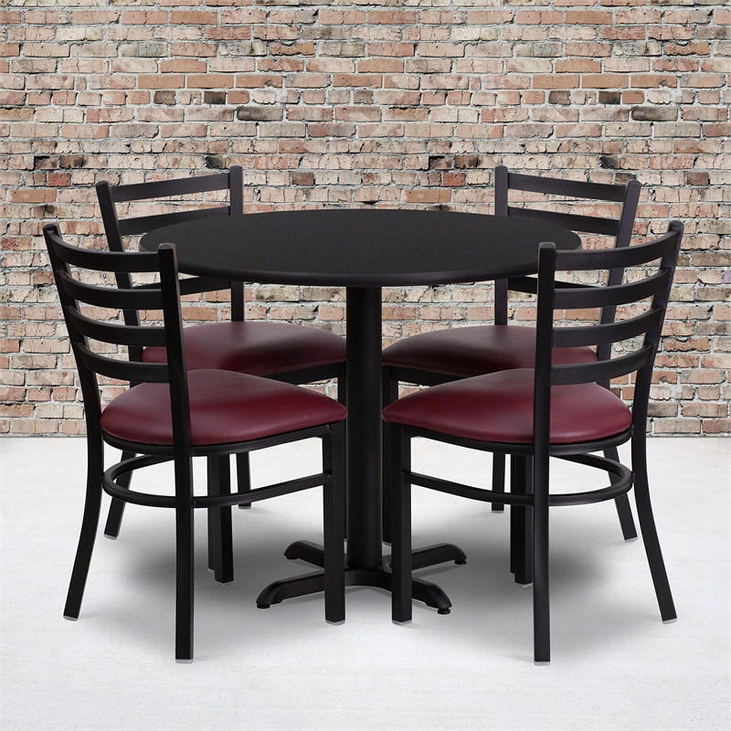 Flash Furniture 36Rd Laminate Table Set In Black Top Burgundy Vinyl Seat