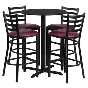 Flash Furniture 30Rd Laminate Bar Table Set In Black Top Burgundy Vinyl Seat