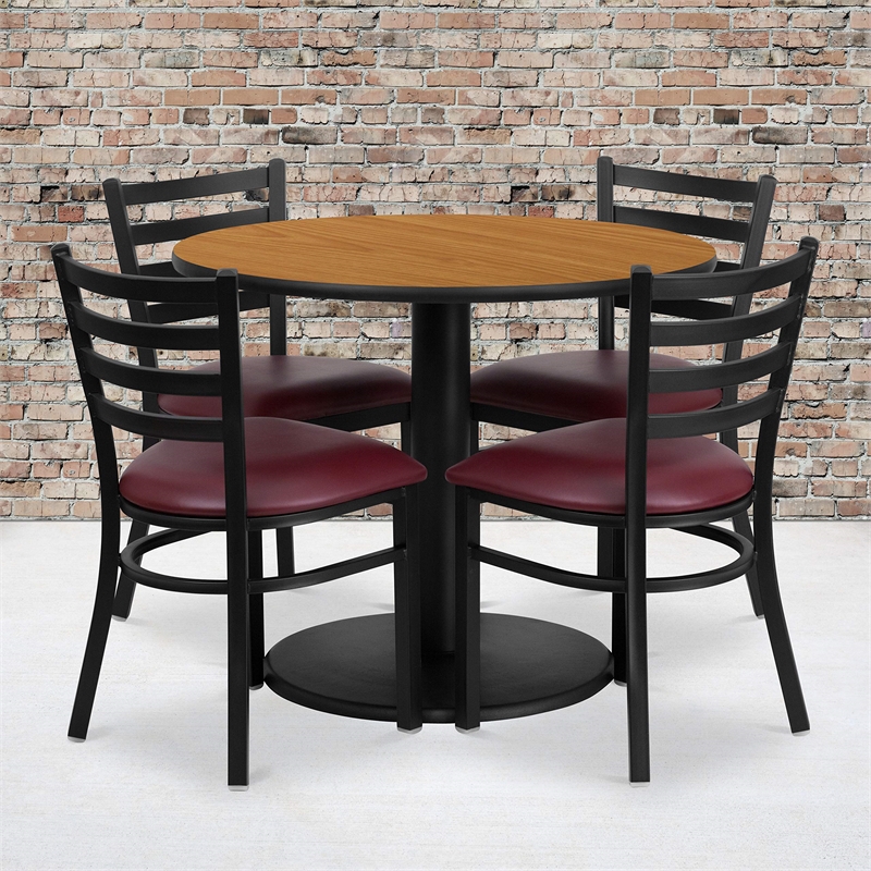 Flash Furniture 36Rd Laminate Table Set In Natural Top Burgundy Vinyl Seat