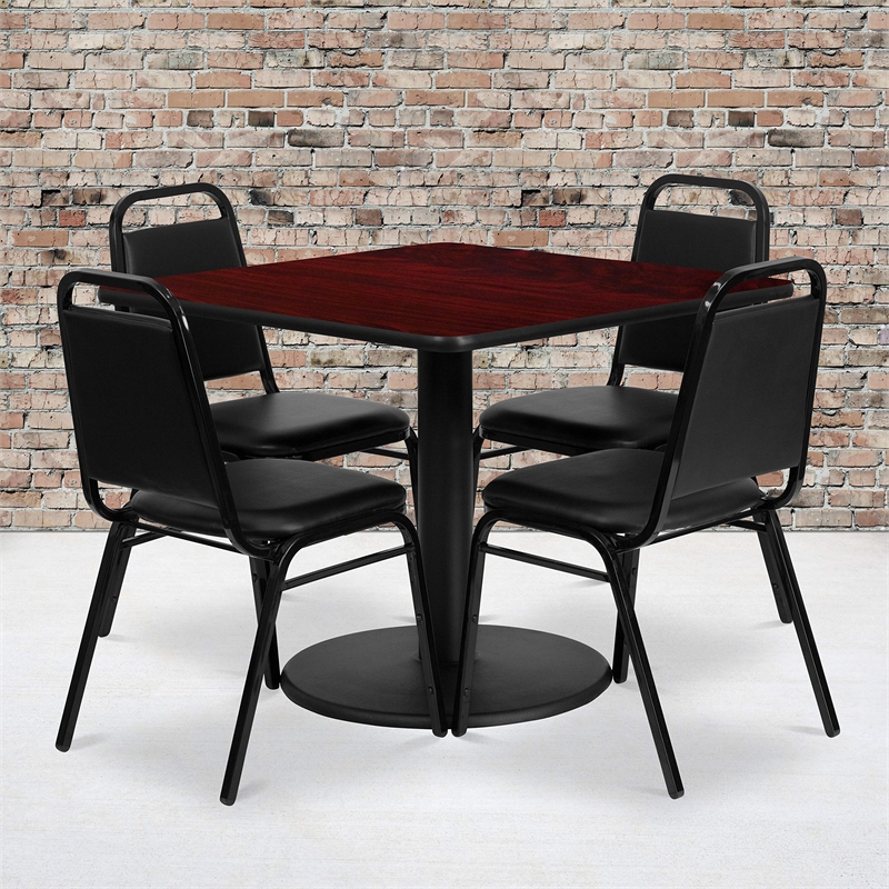 Flash Furniture 36Sq Laminate Table Set-Bnqt In Mahogany Top Black Vinyl Seat