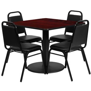 flash furniture 5 piece traditional mahogany top lunchroom dining set with black faux leather chairs