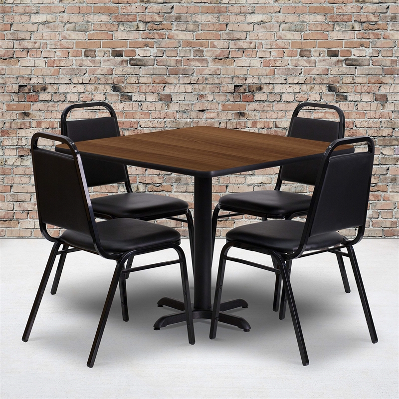 Flash Furniture 36Sq Laminate Table Set-Bnqt In Walnut Top Black Vinyl Seat