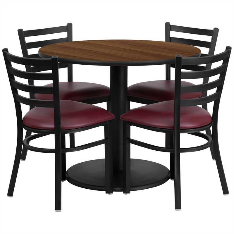 Flash Furniture 36Rd Laminate Table Set In Walnut Top Burgundy Vinyl Seat