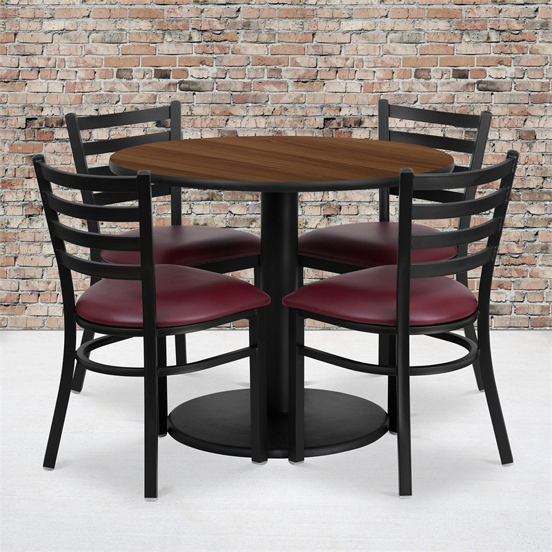 Flash Furniture 36Rd Laminate Table Set In Walnut Top Burgundy Vinyl Seat