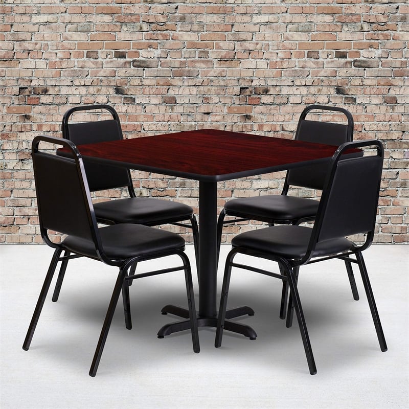 Flash Furniture 36Sq Laminate Table Set-Bnqt In Mahogany Top Black Vinyl Seat