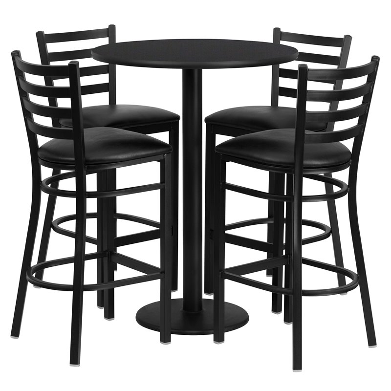 Flash Furniture 30Rd Laminate Bar Table Set In Black Top Black Vinyl Seat