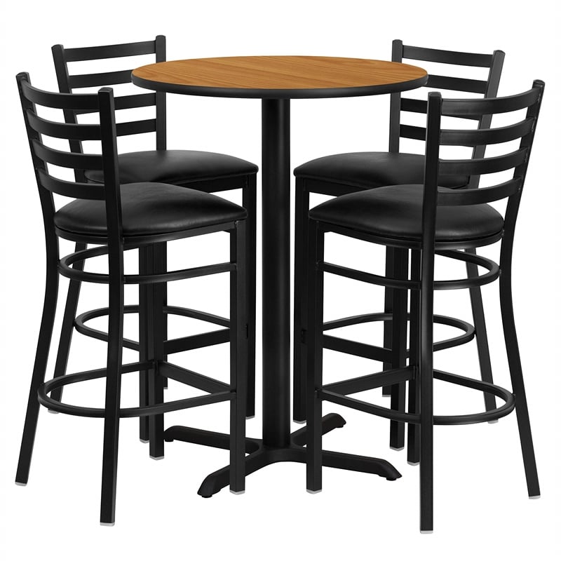 Flash Furniture 30Rd Laminate Bar Table Set In Natural Top Black Vinyl Seat