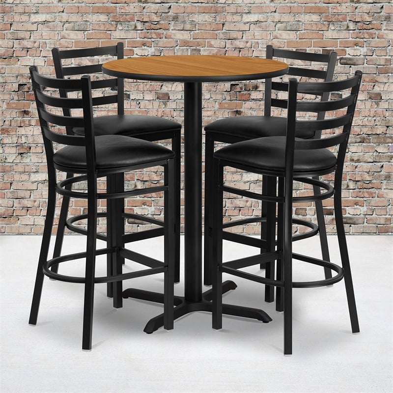 Flash Furniture 30Rd Laminate Bar Table Set In Natural Top Black Vinyl Seat