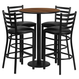 flash furniture 5 piece traditional walnut top lunchroom pub set with black ladderback stools