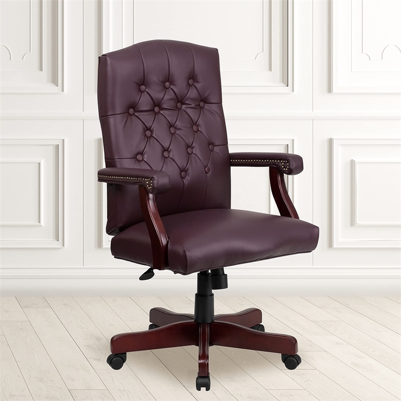 Flash Furniture Martha Washington Leather Swivel Office Chair in Burgundy