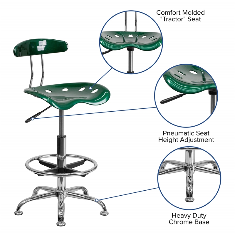 Flash Furniture Vibrant Drafting Chair Seat in Green and Chrome